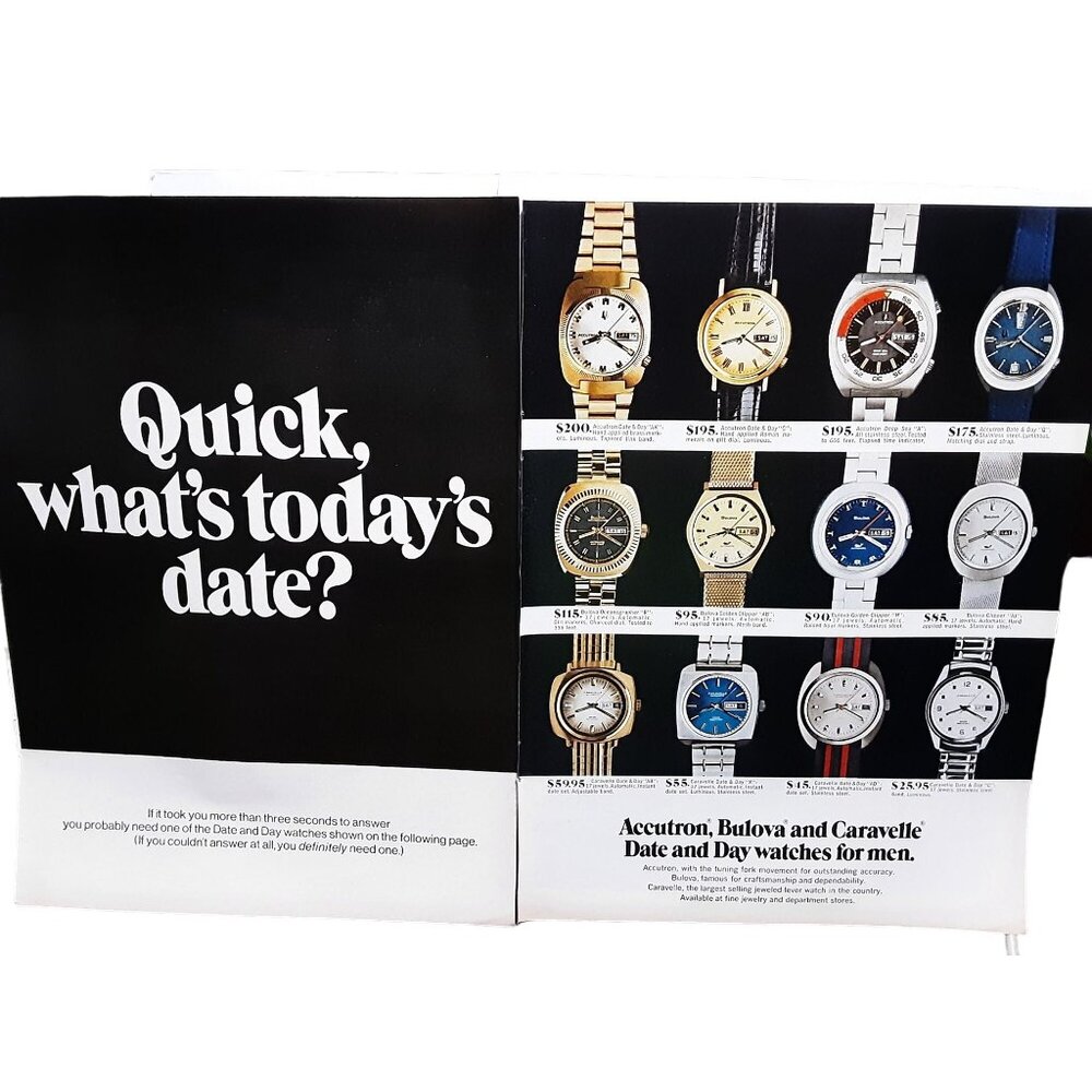 1971 Accutron Bulova Caravelle Watches 2 Page Original Print Ad vintage